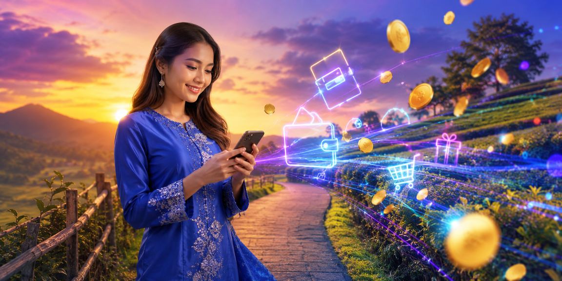 Pengguna wanita Malaysia berpakaian baju kurung menggunakan kasino mudah alih 32768 dengan selamat