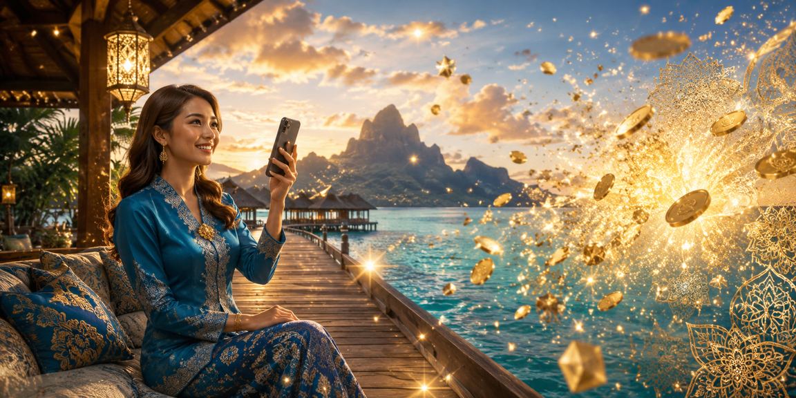 Pengguna wanita berpakaian baju kurung dari Sabah menggunakan kasino mudah alih dalam talian
